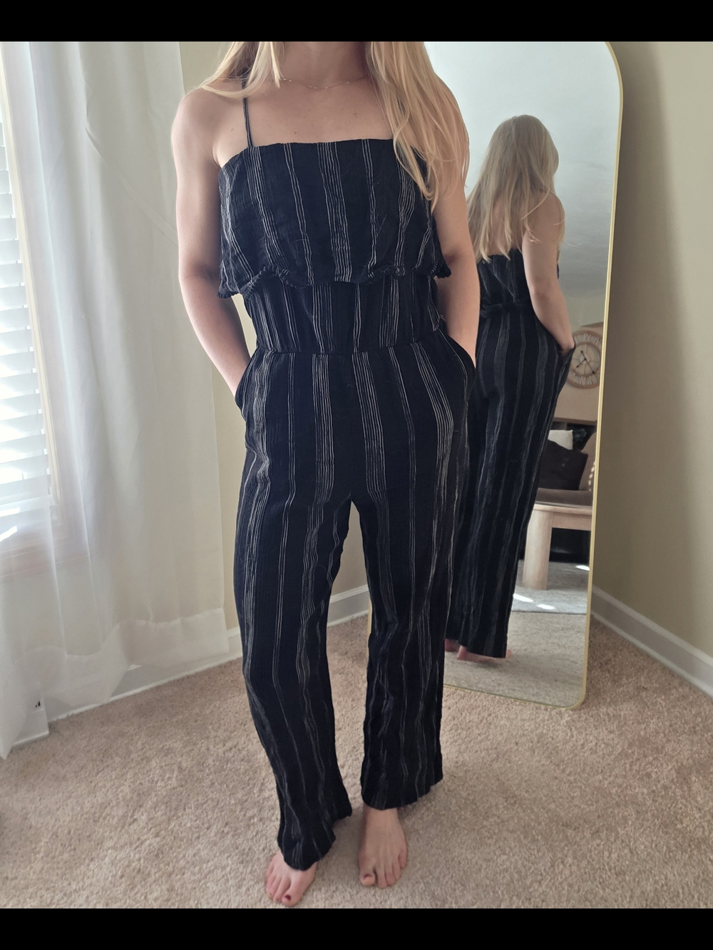 a new day Black White Pinstripe Spaghetti-Strap Jumpsuit